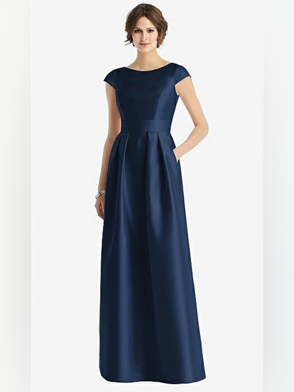 ALFRED SUNG Navy Cap-Sleeve Maxi Gown w pleated skirt and pockets 10R NWT